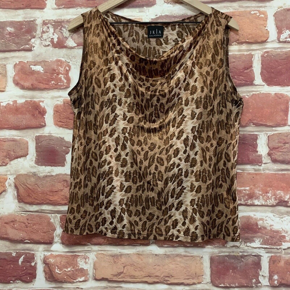 JKLA California Top Women's Large Tan Brown Multicolor Animal Print Blouse